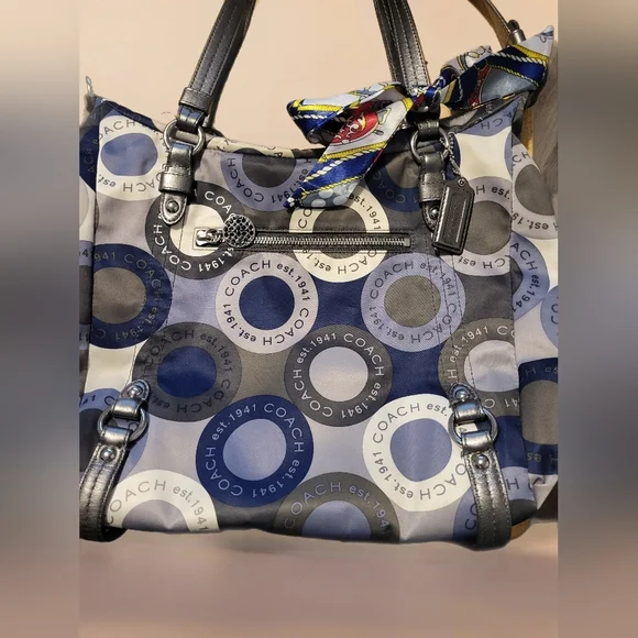 Coach Snaphead Print SATEEN Alexandra 3 Way Bag. Navy Silver , Grey.